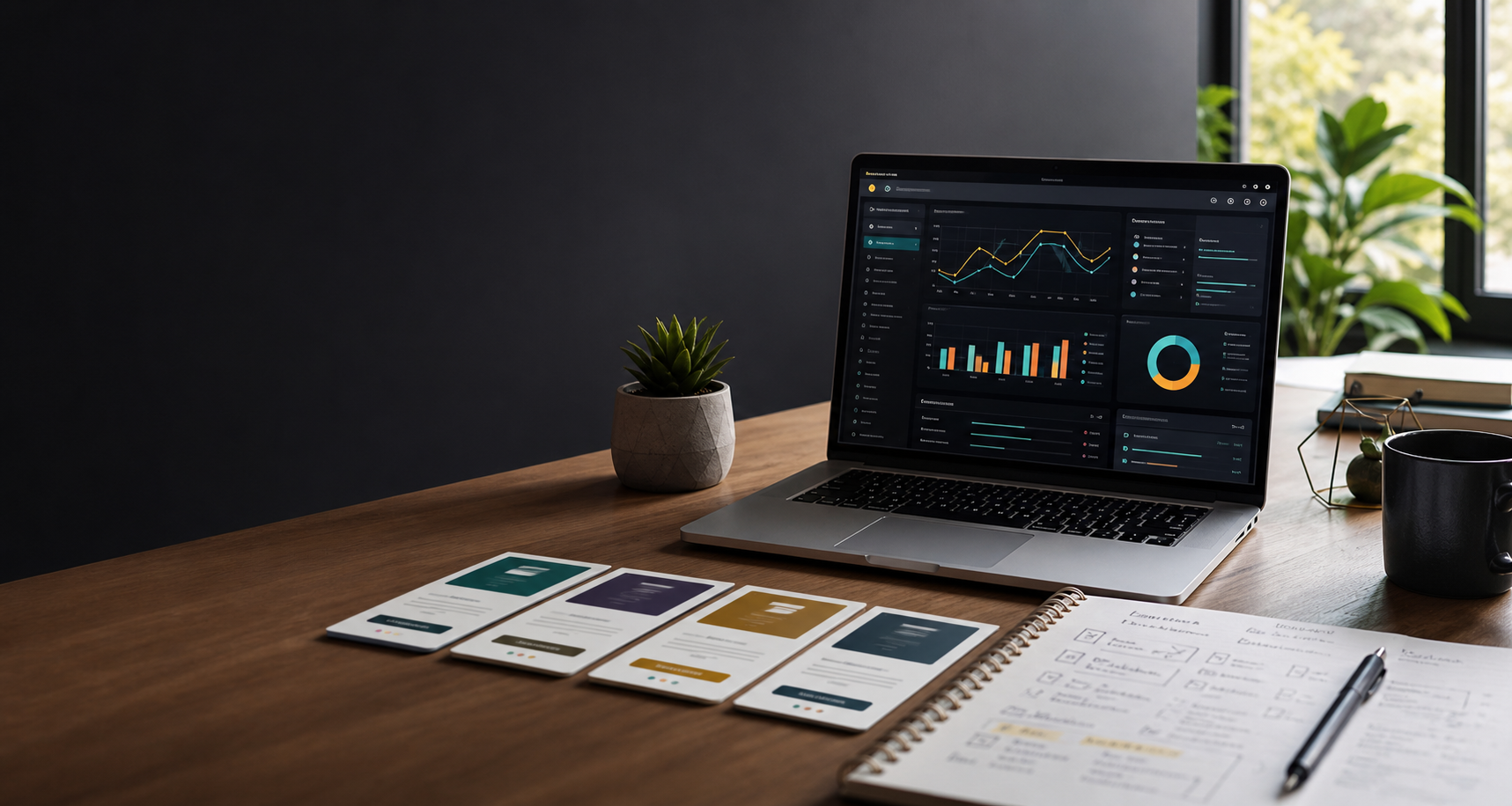 Modern desk setup with a laptop showing analytics for online business research