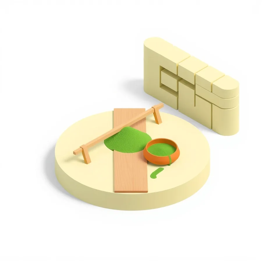 Isometric illustration of a green heap of sand banked up behind a low wooden crossbar, with only a small amount reaching a terracotta dish beyond it