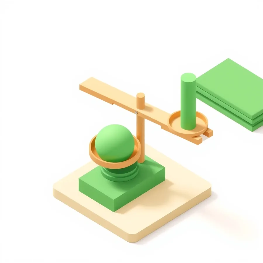An isometric illustration of a wooden beam balance tilted to one side on a green block pedestal, a large smooth green sphere weighing down the lower ring-shaped pan while a slim green cylinder sits in the raised pan, with a neat stack of flat green slabs on the cream surface beside it