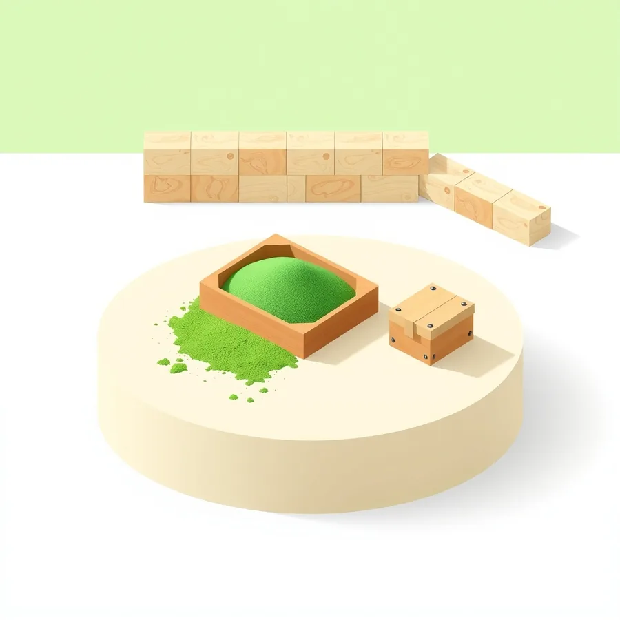 Isometric cream platform holding an open wooden crate of green sand spilling onto the platform, beside a much smaller sealed wooden box