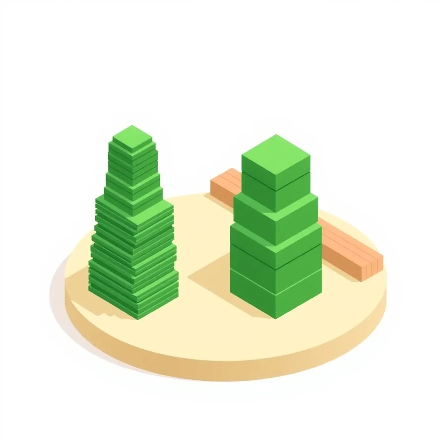 An isometric illustration of a tall tower of thin green slabs beside a shorter stack of four chunky green blocks of similar height