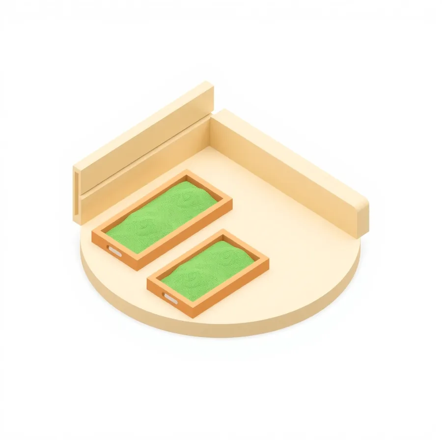 Isometric illustration of two identical shallow wooden trays holding level layers of green sand