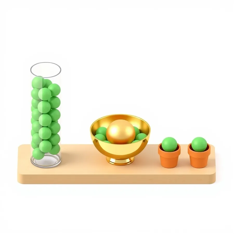 An illustration of three containers on a pale wooden plinth: a tall glass cylinder stacked with green spheres, a footed gold bowl holding one large gold sphere among green ones, and two small terracotta pots each holding a single green sphere