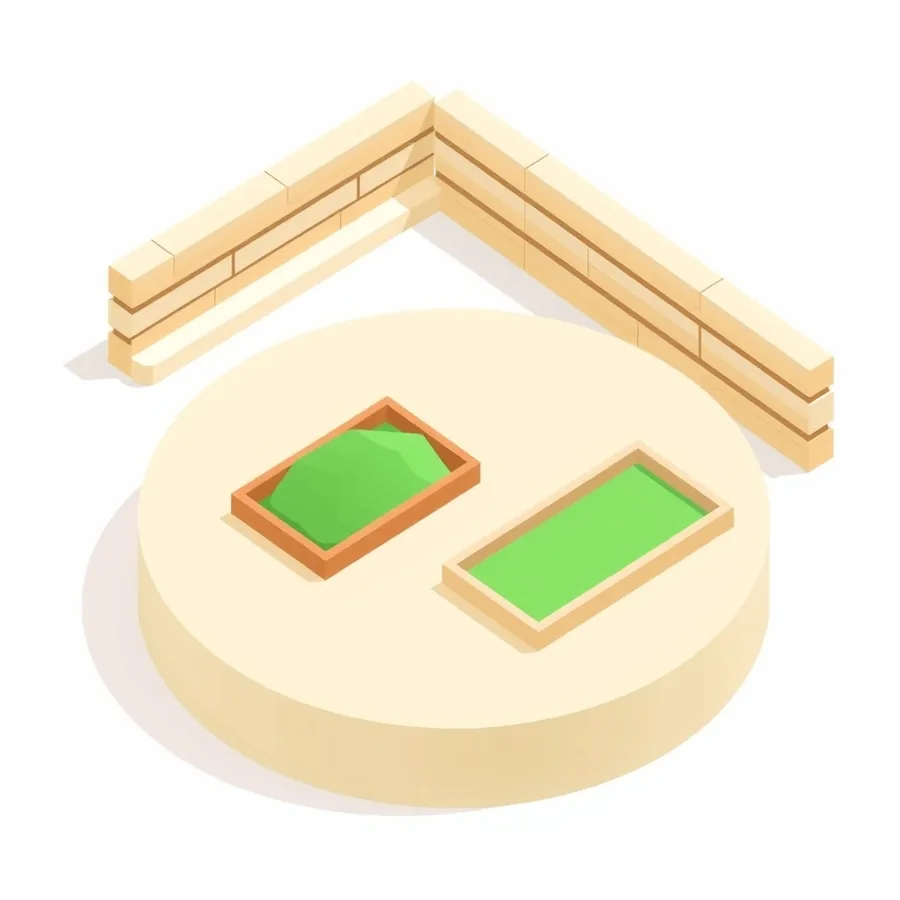Isometric illustration of a small wooden tray heaped with green sand beside a much wider tray holding a thin flat layer of the same sand