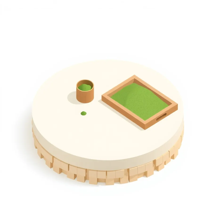 Isometric illustration of a small wooden cup filled to the rim with green sand beside a much larger wooden tray of the same green sand