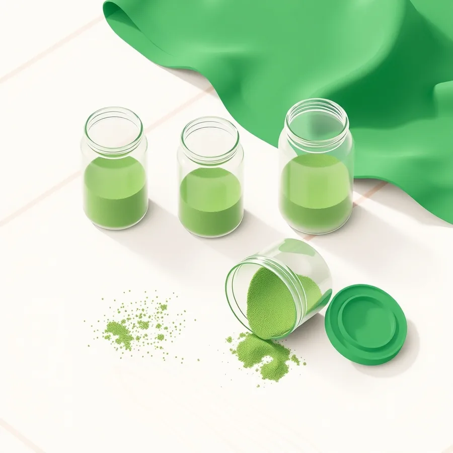 An isometric illustration of three upright glass jars part-filled with fine green powder standing in a row on a pale wooden surface, a fourth jar tipped on its side spilling its contents with its lid lying separately, and a folded green cloth behind
