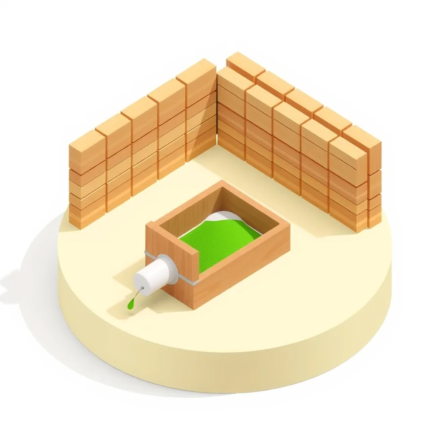 Isometric illustration of a wooden tray of green sand behind high block walls, with one narrow spout releasing a single drop