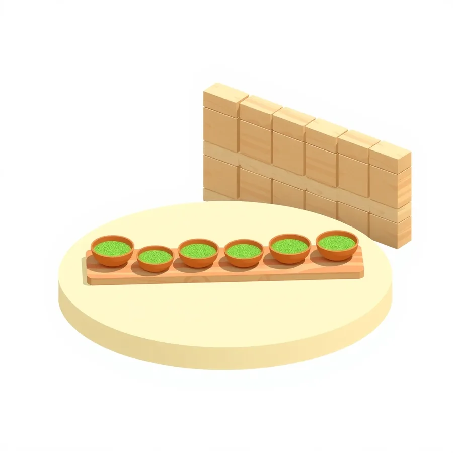 An isometric illustration on a round cream platform showing six small round terracotta bowls standing in a row along one long flat wooden board, each bowl filled with granular green material, with a low wall of stacked plain wooden blocks standing behind them