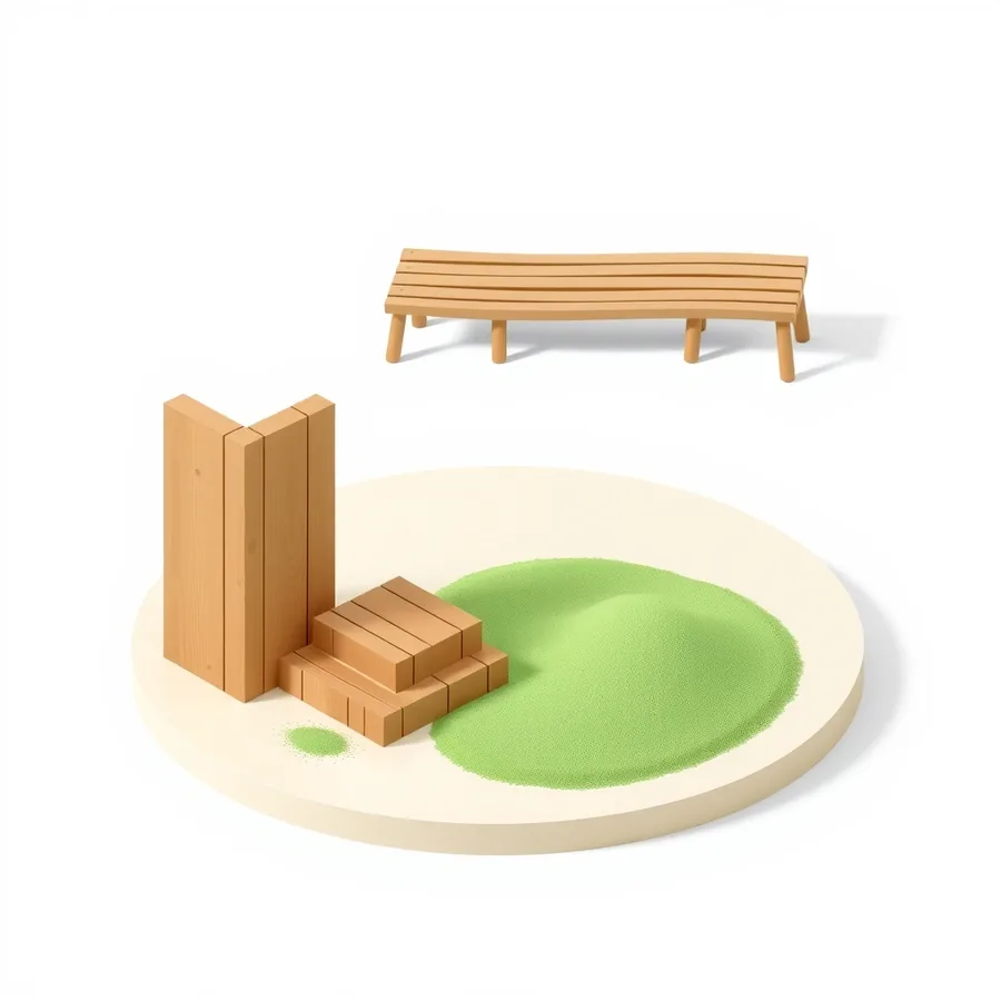 Isometric illustration of a tall wooden wall with almost nothing behind it beside low steps next to a large mound of green sand