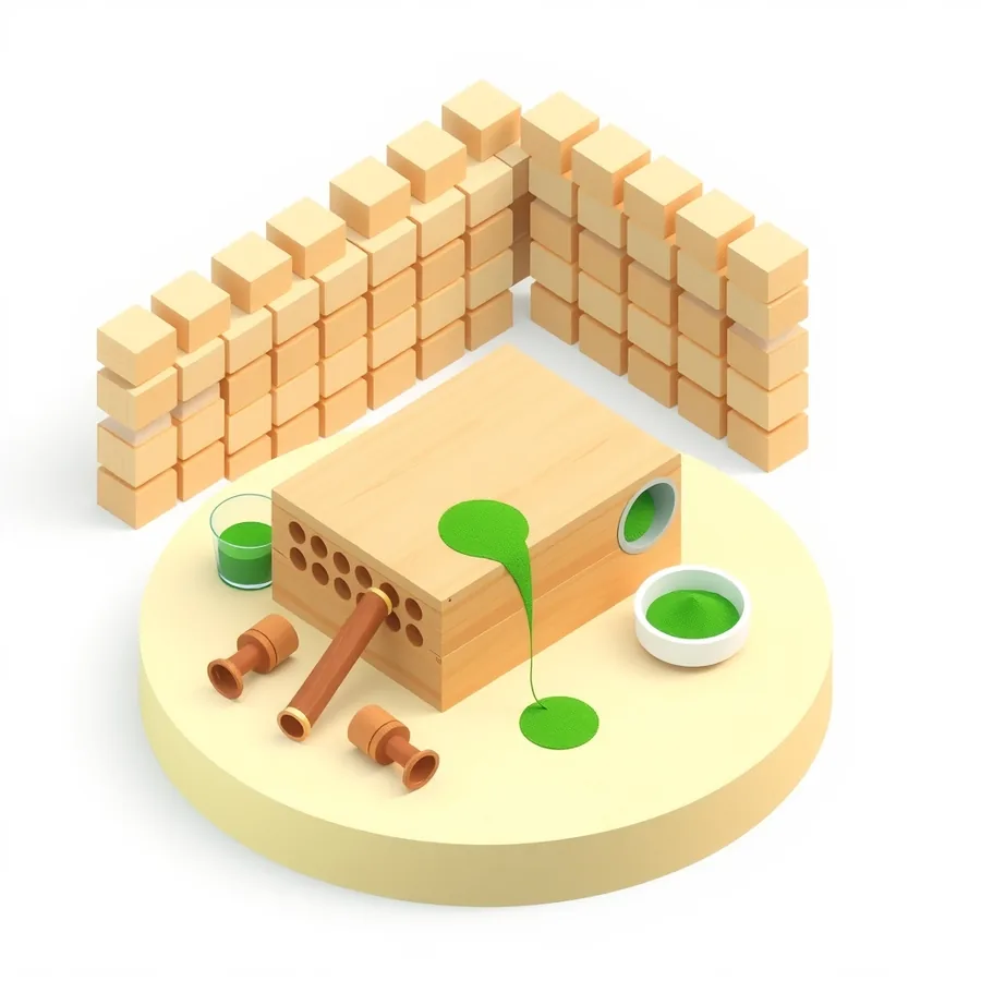Isometric illustration of a wooden box with one open port spilling green sand and a row of closed ports beside it