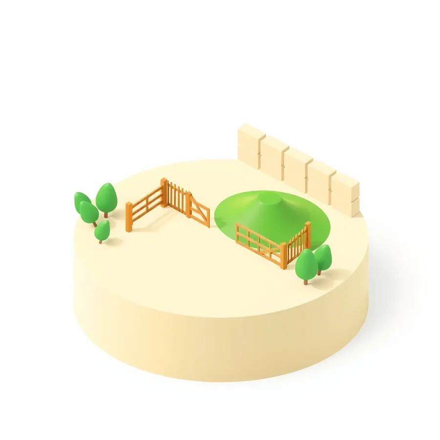 Isometric illustration of an open wooden gate leading onto empty ground, with a mound of green sand penned inside a separate fence beside it