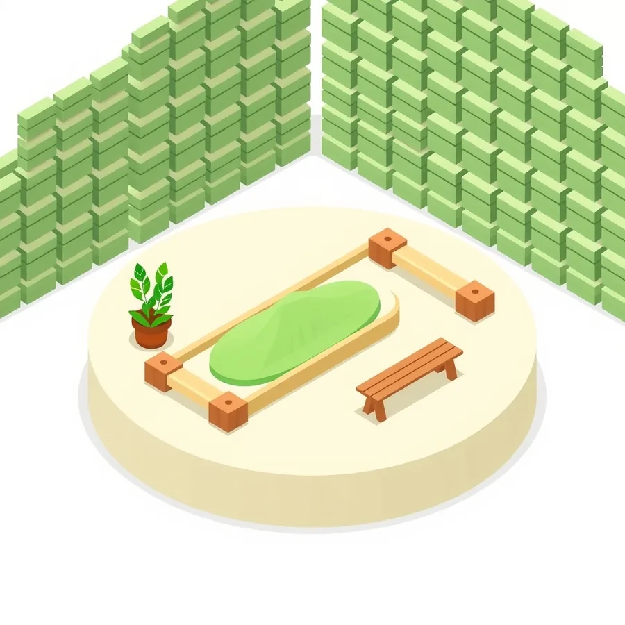 Isometric illustration of a wooden frame blocked at each corner, enclosing a mound of green sand, with a bench outside the frame