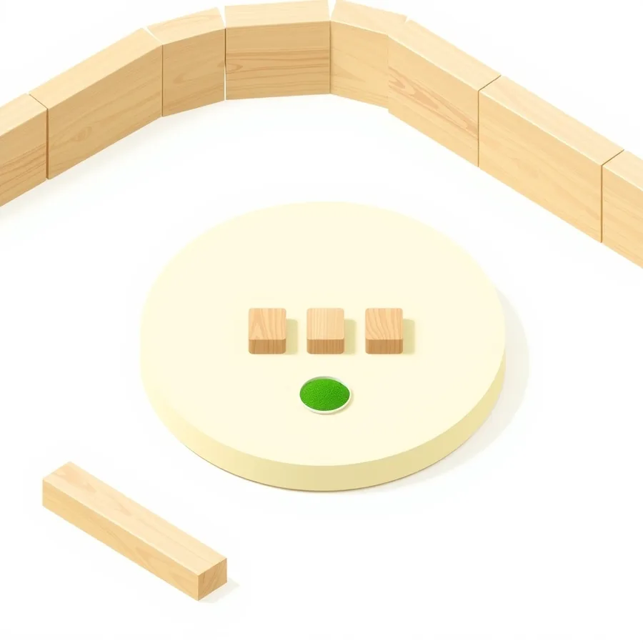 Isometric illustration of three identical small wooden blocks in a row above a single shallow dish of green sand, with one loose plank lying outside the platform
