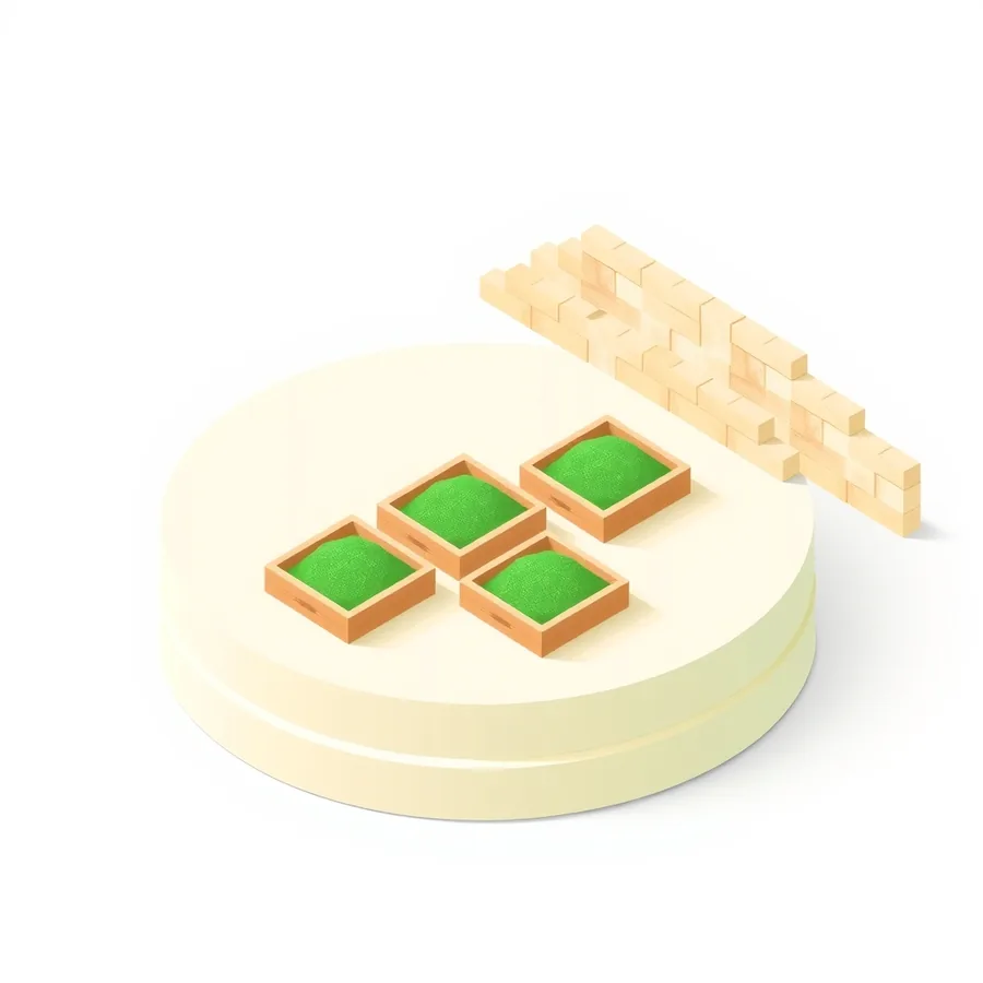Isometric illustration of four small wooden trays of the same outward size on a cream platform, each holding a different amount of green sand