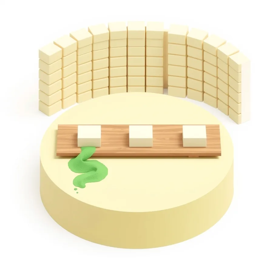 Isometric illustration of a wooden plank with three cream blocks resting on it and a ribbon of green flowing around its open end