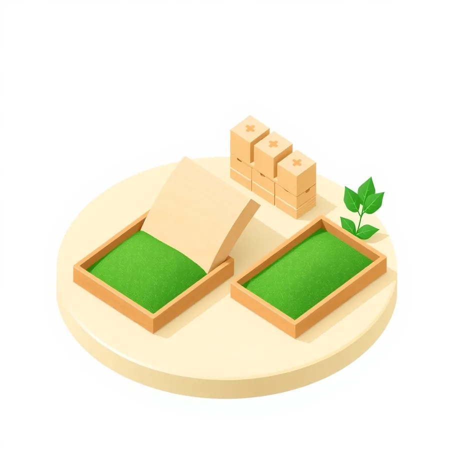 Two identical wooden trays of green sand on a round cream platform, one partly covered by a tilted wooden panel