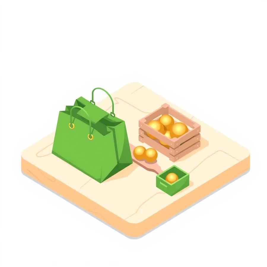 An isometric illustration on a pale wooden board: a green shopping bag stands next to a wooden crate of smooth gold spheres, with a short chute carrying two spheres out of the crate into a small green box