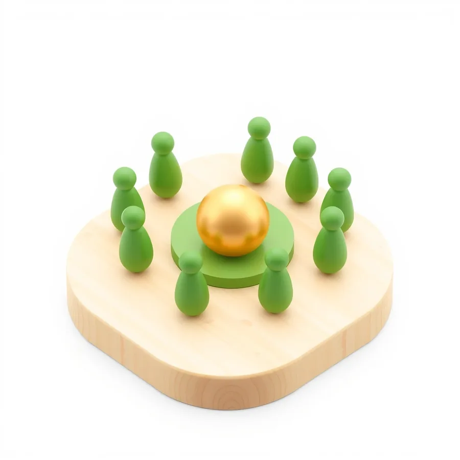 An isometric illustration on a pale wooden board: ten small rounded green peg figures stand in a ring around a low round green pedestal with a smooth gold sphere resting on top