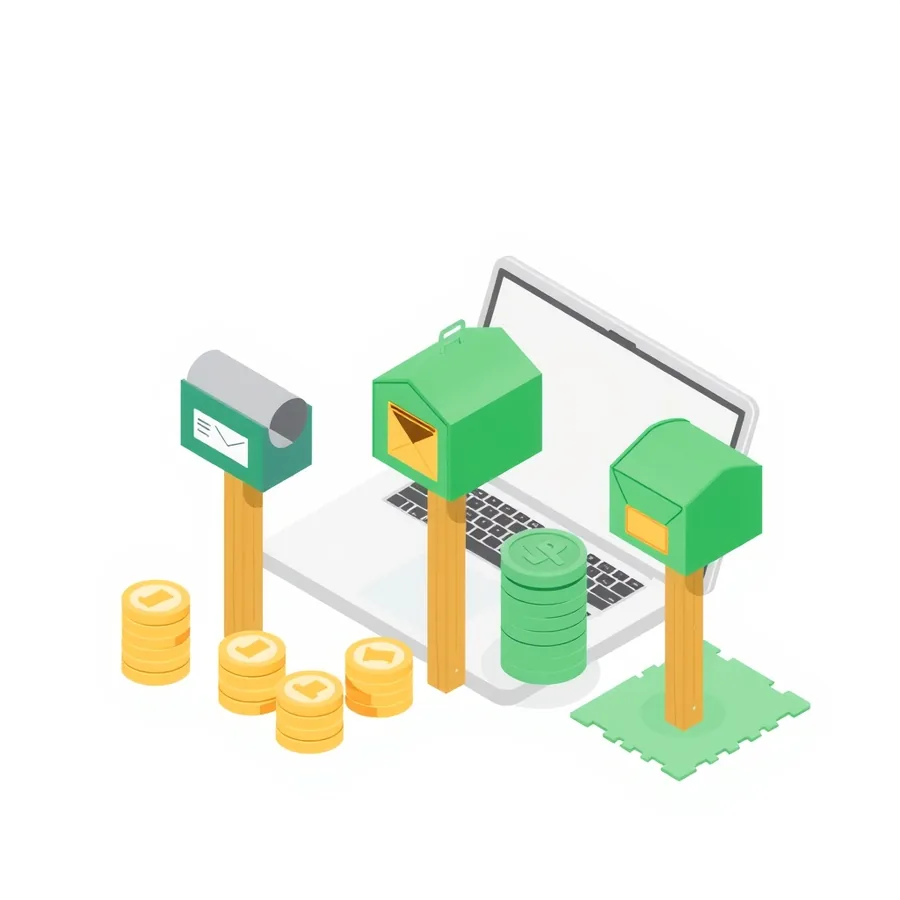 Three mail delivery boxes of different sizes on posts, a stack of coins beside each, and a laptop in the background