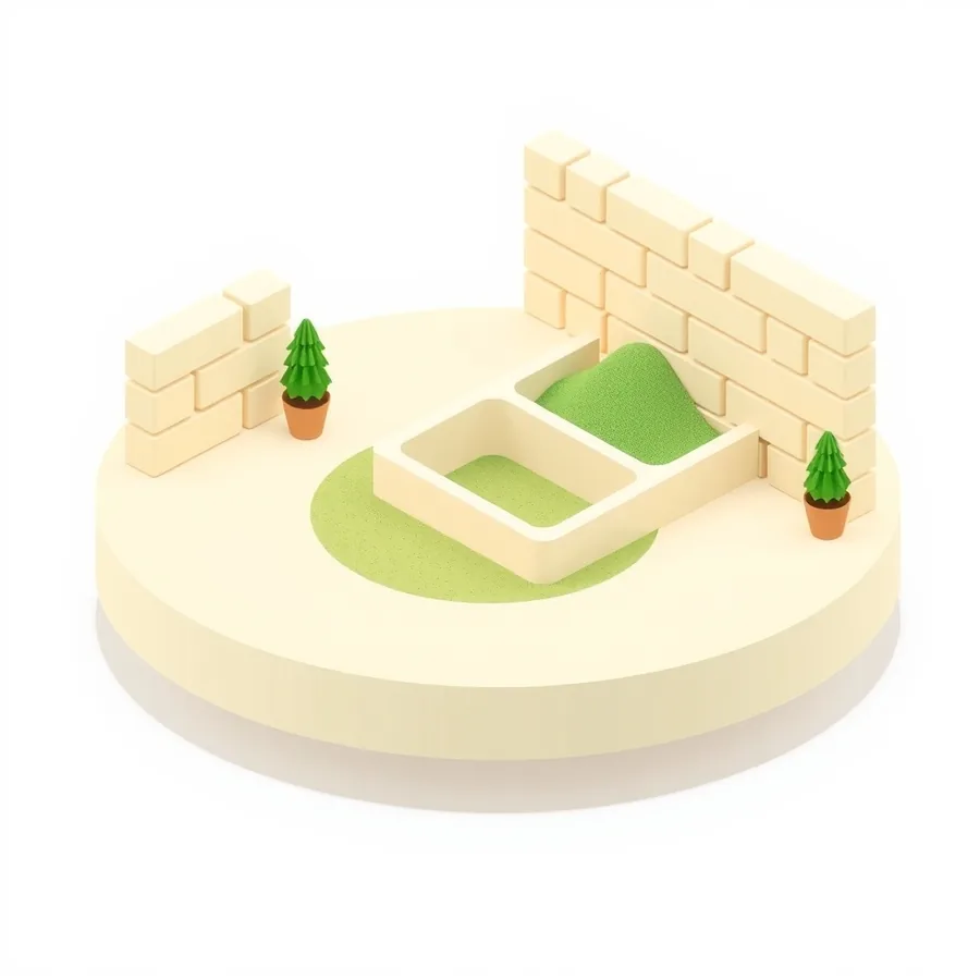 Isometric cream tray split by a low wall, green sand heaped on the far side and a thin layer on the near side