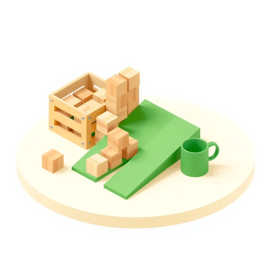 An isometric illustration on a round cream platform showing a green ramp lined with plain wooden cubes leading up to an open wooden crate, with a single green mug standing alone on the surface beside it